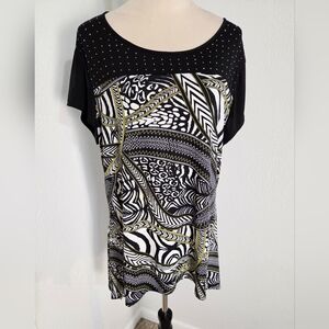 Notations Black, White & Yellow Abstract Top, Black Yoke with Rhinestones, Sz XL
